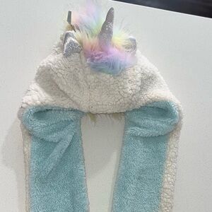NWT Unicorn winter Cap hat Scarf Hand Warmers Mittens KIDS white with rainbow